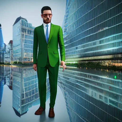 Image similar to a man with an elegant green suit, photography, 3 d render, at night, buildings, dinosaur, water