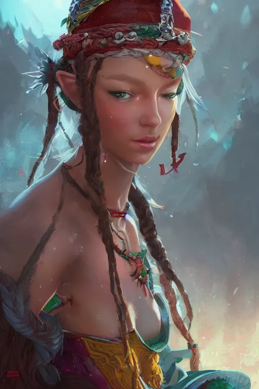 Image similar to A Rastafarian Elf woman by WLOP, greg rutkowski and ross tran