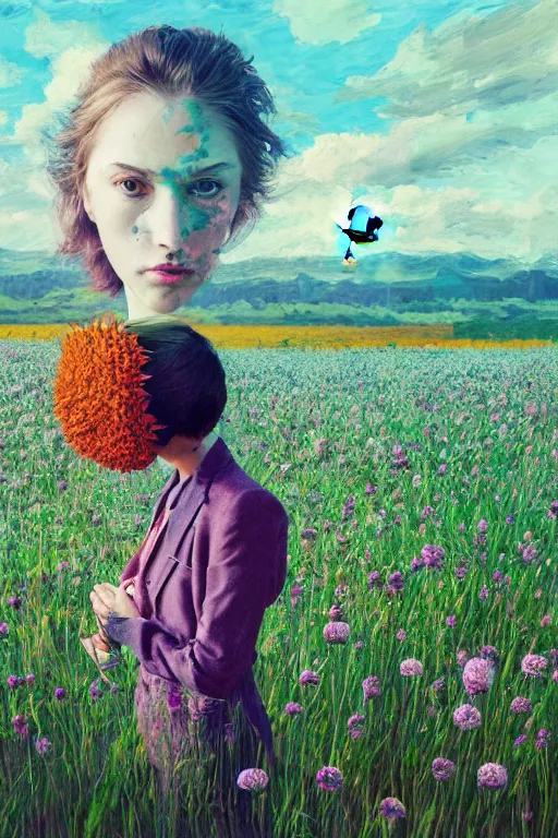 Prompt: portrait, huge thistle flower under head, a girl in a suit in a field of flowers, surreal photography, sunrise, blue sky, dramatic light, impressionist painting, digital painting, artstation, simon stalenhag