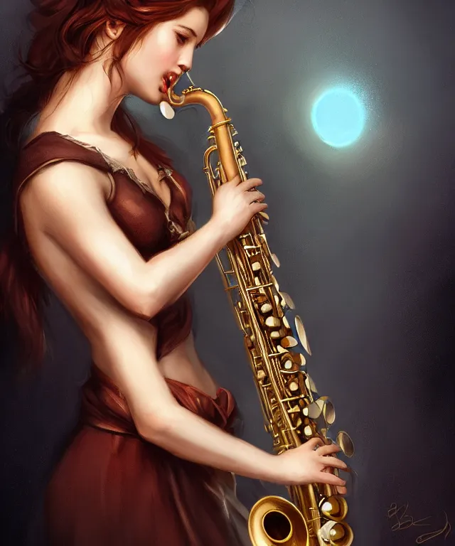 Prompt: bard playing saxophone by charlie bowater and titian and artgerm, full body portrait, intricate, face, elegant, beautiful, highly detailed, dramatic lighting, sharp focus, trending on artstation, artstationhd, artstationhq, unreal engine, 4 k, 8 k