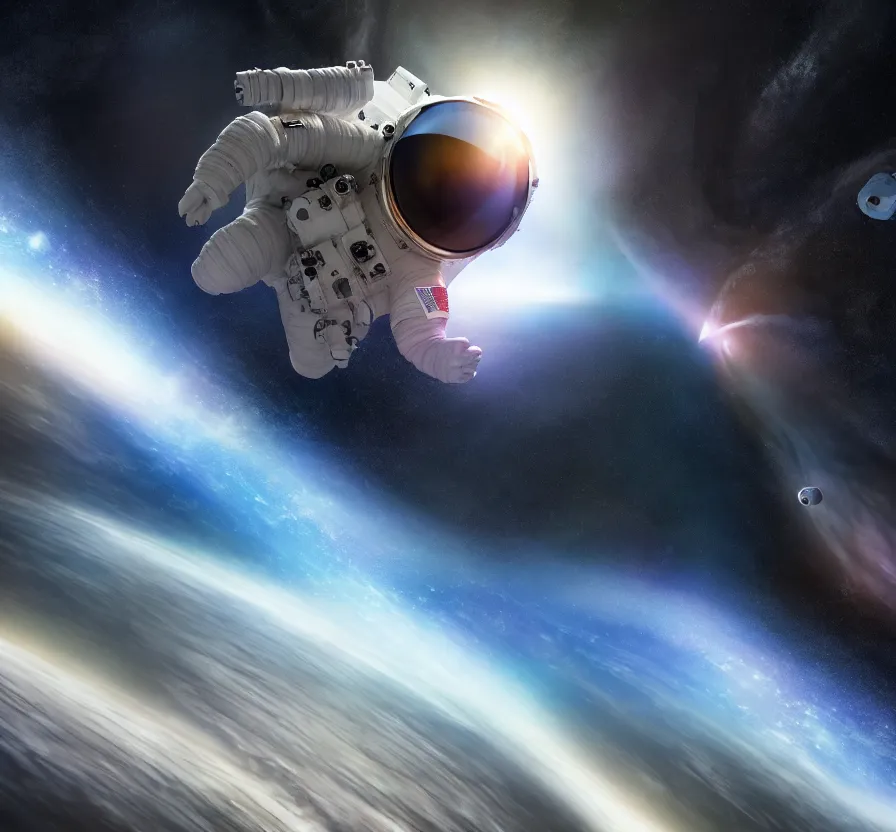 Image similar to pov of astronaut, flying into black hole, concept art, rendering, photorealism, volumetric lighting, movie still