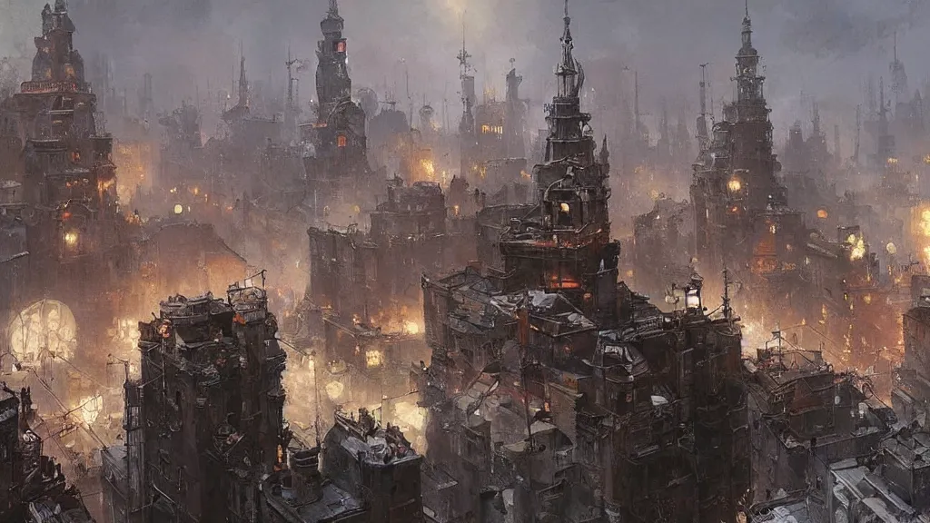 Image similar to russian revolution dieselpunk 1 9 1 0 cityscape, painting by greg rutkowski, craig mullins, levitan, rozalski