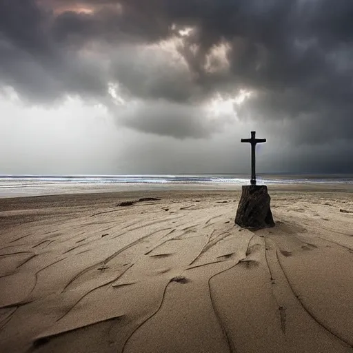 Image similar to a highly detailed tarot card of a large cross standing on the beach as a storm comes in with the tide, woman sitting in the sand watching the ocean, epic fantasy, god rays, rocky beach, ultrawide lense, aerial photography, unreal engine, exquisite detail, 8 k, art by albert bierstadt and greg rutkowski and jeong seon