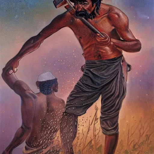 Prompt: portrait of head and body, single bangla farmer fighting on hoseback, hand to hand combat with machete, wielding machete, lungi, full body view, long flowing hair, fighting for his life, nebula aura surrounding subject, horseback combat attacker foreground, background of invading army, nestor canavarro hyperrealist art style, sharp outlines