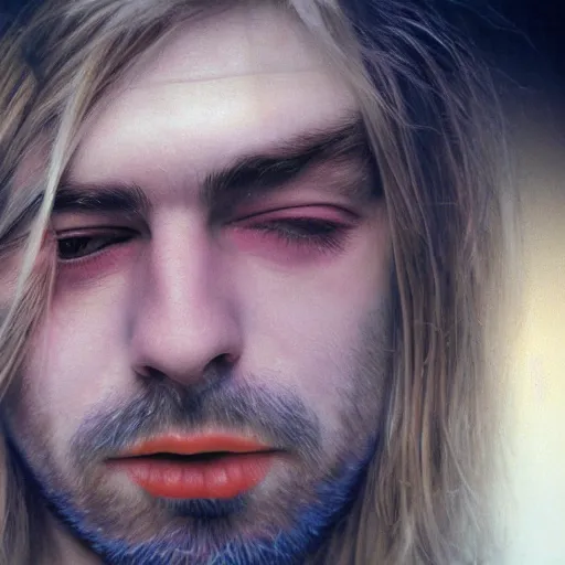 Image similar to colour masterpiece surreal closeup portrait photography of kurt cobain by miho hirano and annie leibovitz and michael cheval, smoke background, 8 k