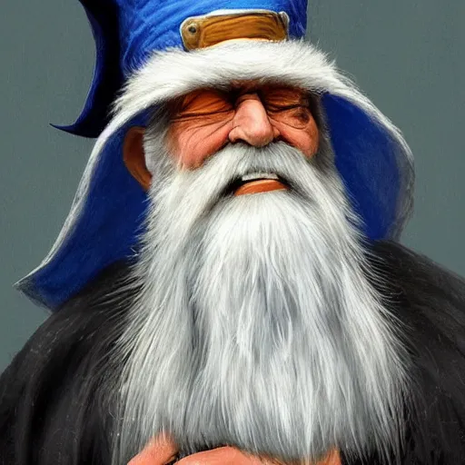 Image similar to character concept art of a kind old wizard with a long white beard looking a confused, holding a pet chicken perched top of his hat, wearing a blue robe, blue eyes, realistic, detailed, trending on ArtStation, by Gerald Brom