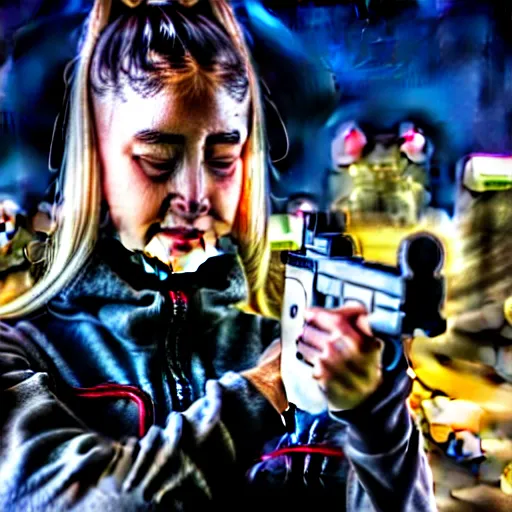 Prompt: photographic portrait of a techwear woman holding a Glock 18, closeup, on the rooftop of a futuristic city at night, sigma 85mm f/1.4, 4k, depth of field, high resolution, full color, award winning photography