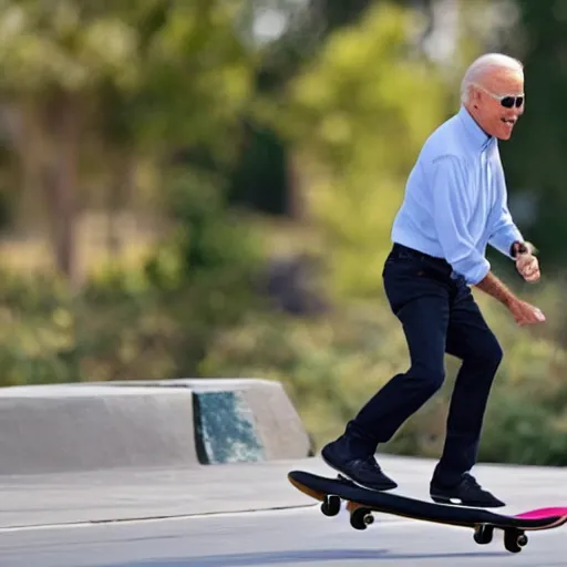 Image similar to photo of joe biden riding a skateboard, hd