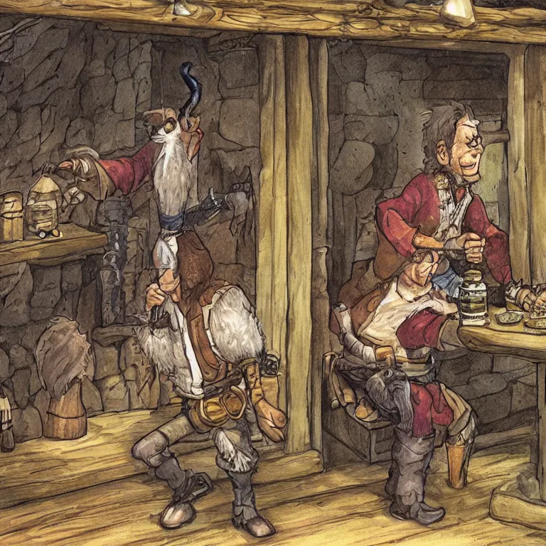 Prompt: a single emu in a halfling tavern, fantasy rpg book illustration