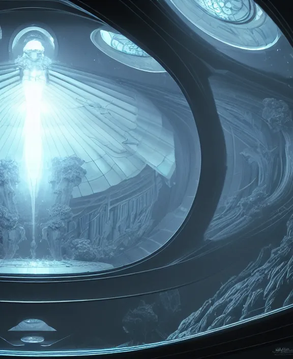 Image similar to cronovisor, transparent clear see - through image from inside the vatikan, aurora spaceship environment, ultra realistic, concept art, photorealistic, octane render, 8 k, unreal engine. art by gustave dore and nori inoguchi and sam kaplan and zachary goulko and christopher marley and artgerm and alphonse mucha