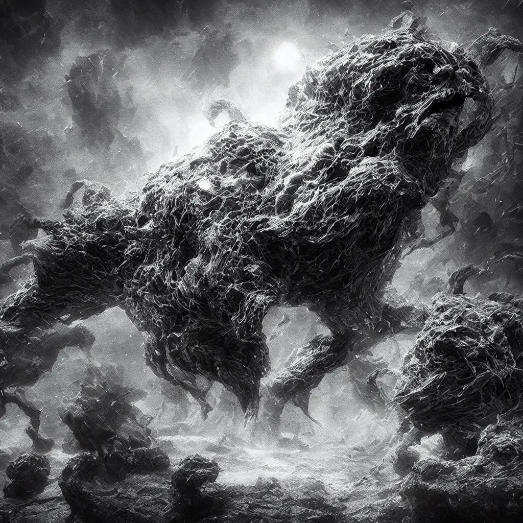 Prompt: particle monster, black and white, extremely detailed, epic, 3D render, digital art, artstation, 8K artistic photography, photo-realistic, by Hiroya Oku