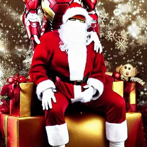 Prompt: iron man sitting on santa's lap, iron man sitting, santa clause, white beard, sitting on santa, dramatic lighting