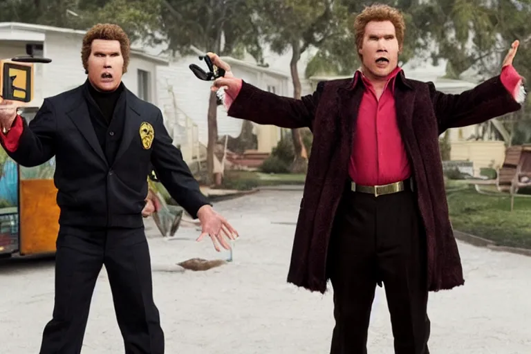 Prompt: will ferrell as an exaggerated caricature of a children in the new movie directed by quentin tarantino, movie still frame, promotional image, critically condemned, top 6 worst movie ever imdb list, symmetrical shot, idiosyncratic, relentlessly detailed, limited colour palette