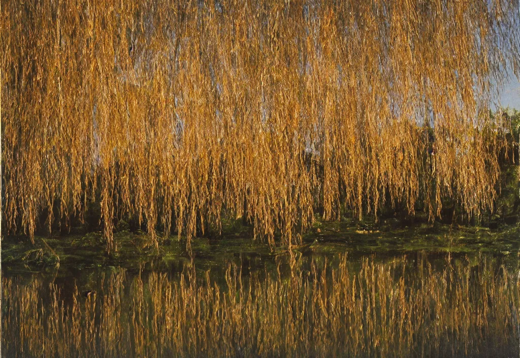 Prompt: rose gold pond, willow trees, starlight