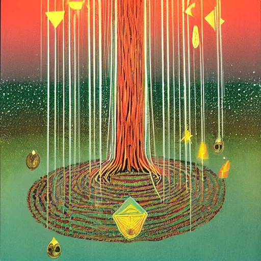 Image similar to amazonas ritual, major arcana symbols, refracted lines and sparkles, by yosuke yamaguchi