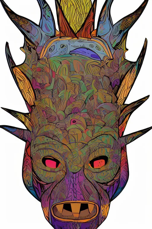 Image similar to animal mask totem roots flower tribal feather gemstone plant wood rock shaman vodoo video game vector cutout illustration vivid multicolor borderlands comics by josan gonzales and dan mumford radiating a glowing aura