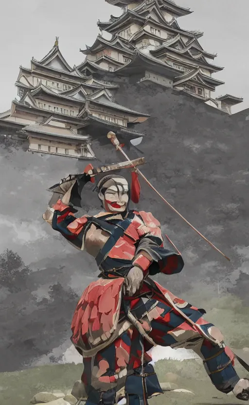 Image similar to portrait of a yari ashigaru clashing with the enemy, japanese castle in the background, concept art, artstation, stunning, shogun era, matte, by professional concept artist, hayao miyazaki, ilya kuvshinov, realistic human anatomy, realistic army, realistic weapons, low saturation, small eyes