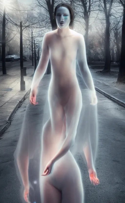 Image similar to a full shot photo of a translucent woman, invisible, streets, ghost, creepy, caucasian, feminine, nighttime, daytime, glow up, realistic, 8 k, hdr, extremely detailed