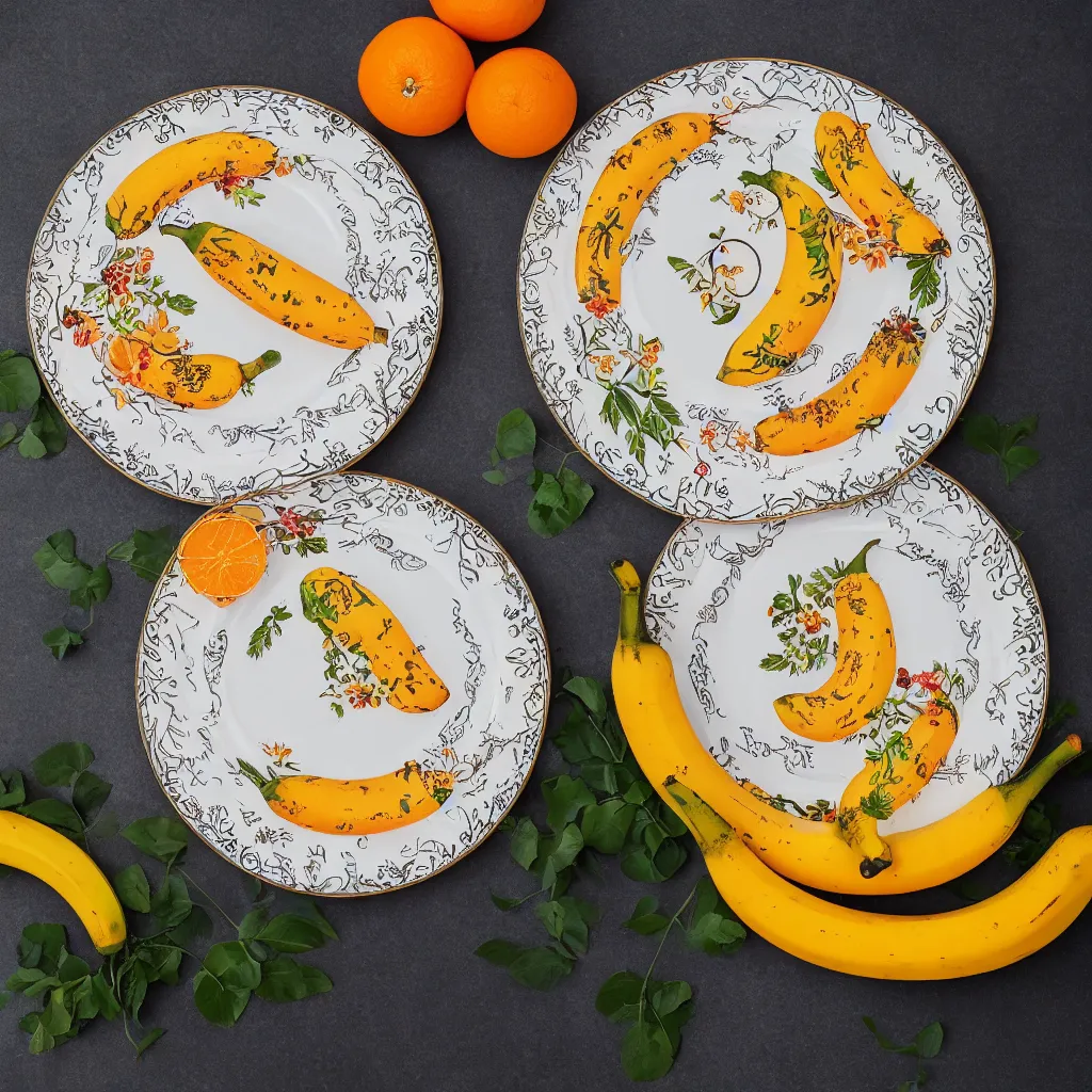 Prompt: very long circular bananas with cut orange slices and leaves, on art nouveau embroidered designer plate with flowery pattern closeup, hyper real, food photography, high quality