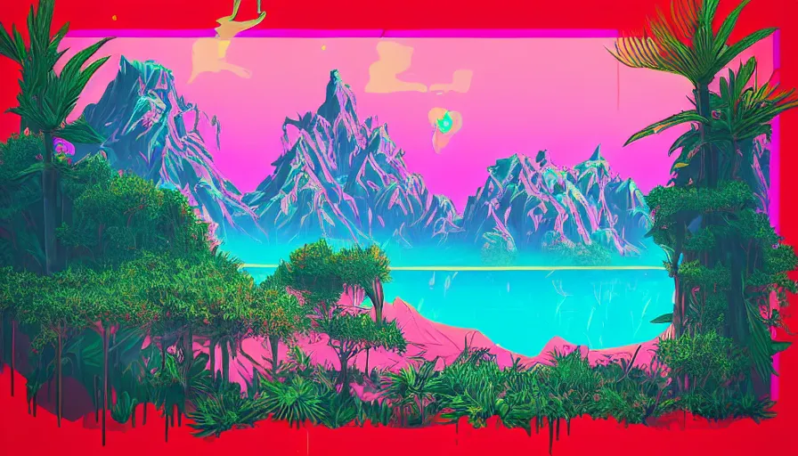 Prompt: a retrowave style artwork of wiz khalifa wilderness, a land of the dead, divine, hazy, volumetric lighting, snowy summits in the background, vast turquoise lake, lush flora, empty, spacetime bending, very detailed, serene, gold accents, washed out colors, beautiful artwork, master level composition, raytracing