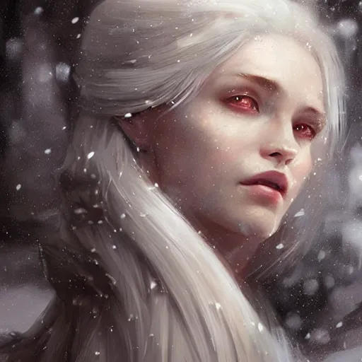 Image similar to a beautiful portrait of an winter goddess with ice hair by Greg Rutkowski and Raymond Swanland, snowflakes falling, Trending on Artstation, ultra realistic digital art