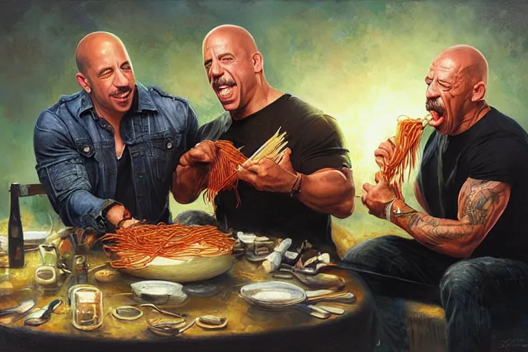 Image similar to portrait of vin diesel and danny trejo sharing spaghetti, an oil painting by ross tran and thomas kincade