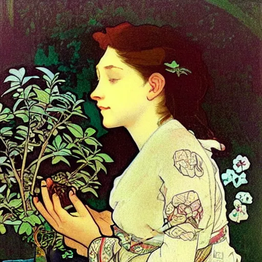 Prompt: “ a girl looking down at a small bonsai tree!!!!!, by alphonse mucha ”