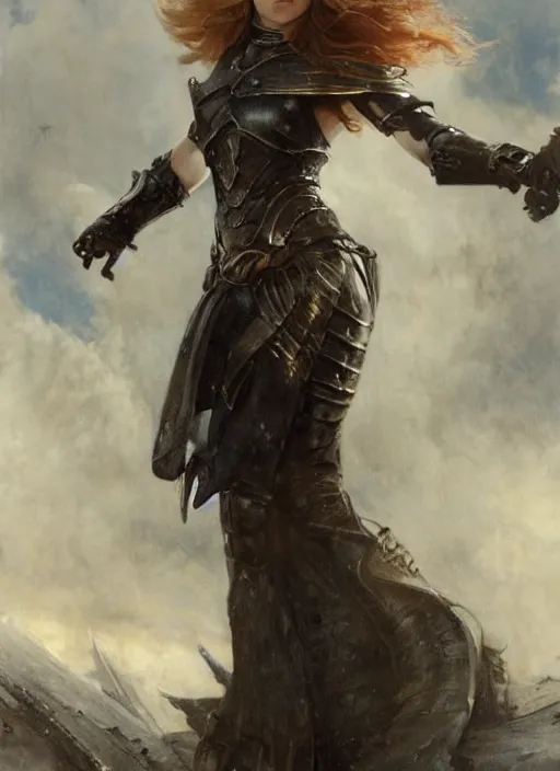 Image similar to redhead natalie dormer wearing black medieval armour, bare legs, detailed, by gaston bussiere, bayard wu, greg rutkowski, giger, maxim verehin, greg rutkowski, masterpiece, sharp focus, cinematic lightning