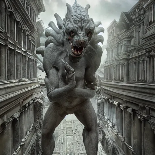 Image similar to full body pose, hyperrealistic photograph of live action gargoyles, dim volumetric lighting, 8 k, octane beautifully detailed render, extremely hyper detailed, intricate, epic composition, cinematic lighting, masterpiece, trending on artstation, very very detailed, stunning, hdr, smooth, sharp focus, high resolution, award, winning photo, dslr, 5 0 mm