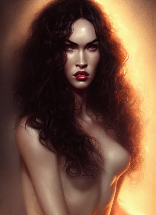 Image similar to portrait of megan fox as a vampire, curly hair, intricate, elegant, glowing lights, highly detailed, digital painting, artstation, concept art, smooth, sharp focus, illustration, art by wlop, mars ravelo and greg rutkowski