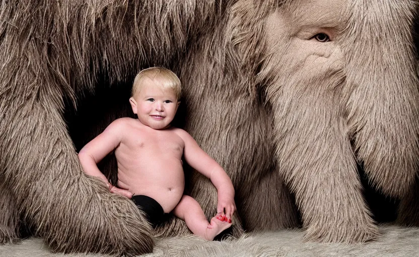 Image similar to Donald Trump in a baby mammoth costume , with an open face