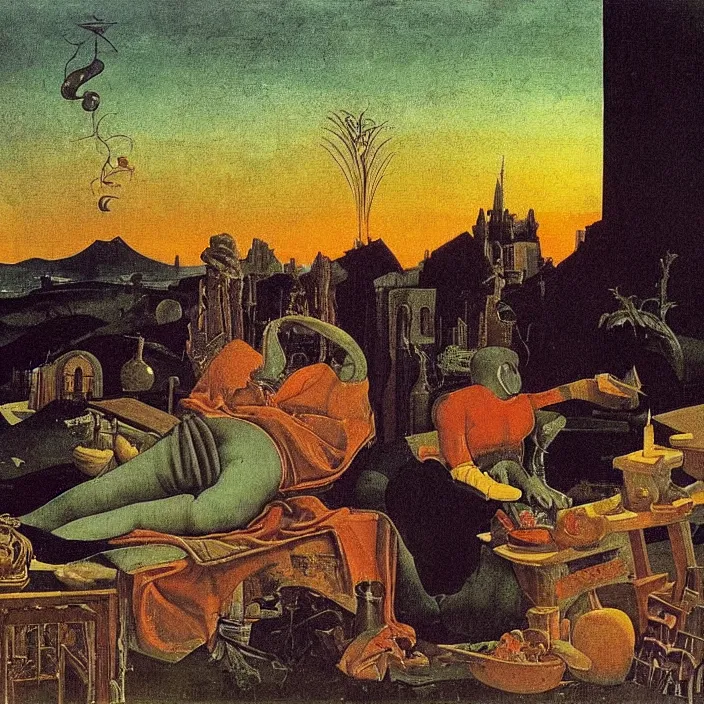Image similar to obituary for an alchemist at sunset. painting by uccello paolo, max ernst