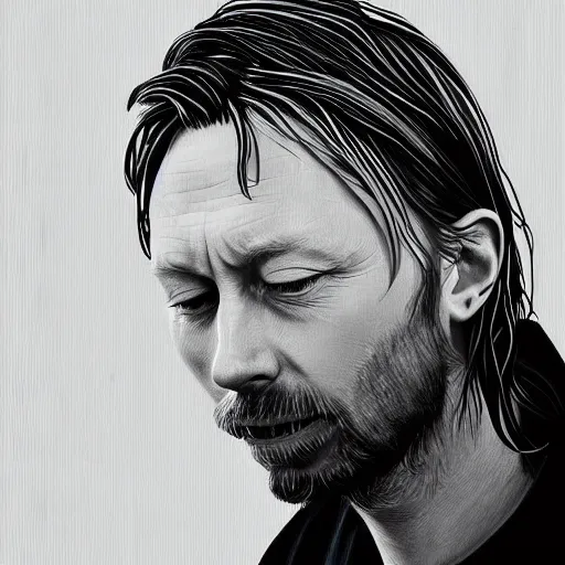 Image similar to thom yorke eating at mcdonalds, portrait, highly detailed, deep focus, elegant, digital painting, smooth, sharp focus, illustration, ultra realistic