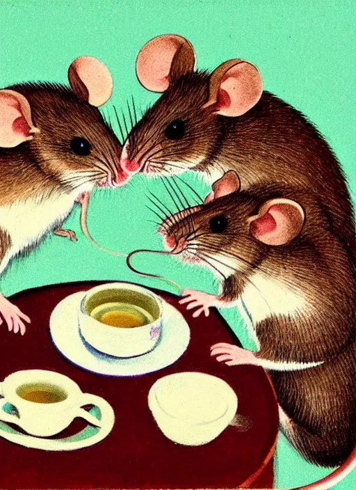 Prompt: an extreme close - up portrait of a mouse family drinking tea, samovar, by billy childish, thick visible brush strokes, shadowy landscape painting in the background by beal gifford, vintage postcard illustration, minimalist cover art by mitchell hooks