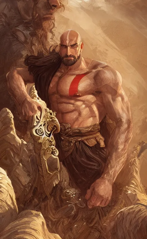 Prompt: portrait of a herculean man with brown hair, style of god of war, swarm of sand, intricate, elegant, highly detailed, digital painting, artstation, concept art, smooth, sharp focus, illustration, art by artgerm and greg rutkowski and alphonse mucha, 8 k