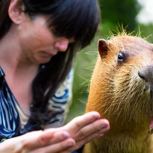 Image similar to woman praying to a capybara that is sitting on a pedastal