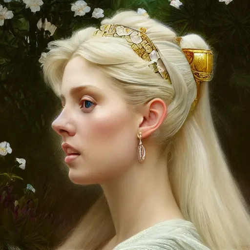 Image similar to 3/4 close up face Portrait of a beautiful Swedish princess in garden, white top, blond hair, piercing, intricate, elegant, highly detailed, artstation, concept art, intricate, highly detailed, sharp focus, exotic, orientalism, bouguereau, art by Artgerm and greg rutkowski and alphonse mucha