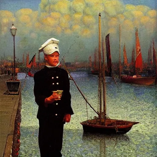 Image similar to painting of sailor boy hyperrealism vasily vereshchagin at harbor