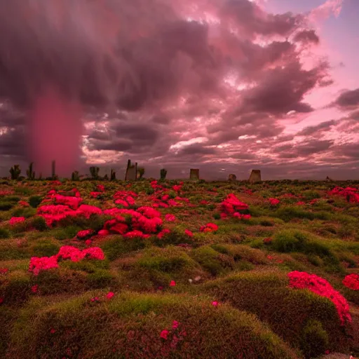 Prompt: the ruins of a giant stone brick city in a desert at night with masses of red moss growing over the city, giant pink flowers growing through the clouds, gloomy, atmospheric, sad