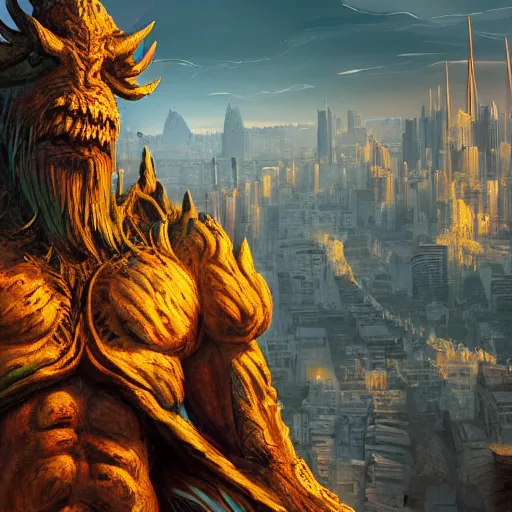 Image similar to giant creature with a city on his shoulders, ultra detailed, well composed, epic, beautiful colors, 8 k