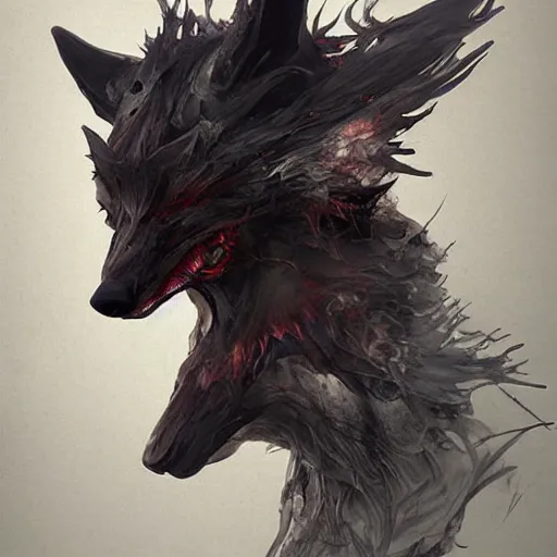 Prompt: ellen jewett, mysterious wolf with red eyes, concept art,