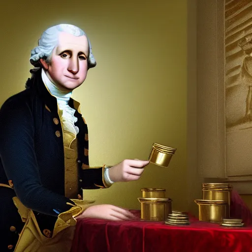 Image similar to a closeup photorealistic photograph of a happy George Washington inspecting small gold Doubloon coins at his home on Cherry Street. This 4K HD image is Trending on Artstation, featured on Behance, well-rendered, extra crisp, features intricate detail and the style of Unreal Engine.