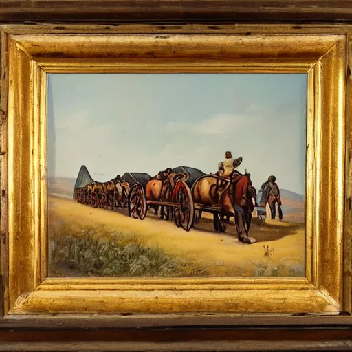 Prompt: long wagon train, western art