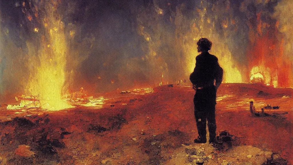 Image similar to high quality high detail painting by ilya repin, man standing in front of huge explosion, epic composition, hd