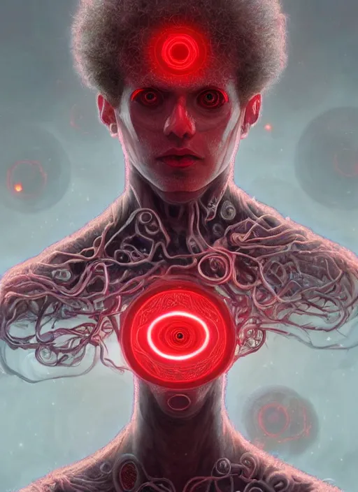 Prompt: cthonic resonance, red and white fractal glowing eyes, genetically augmented pale white young man with circular nodes sticking out from behind his neck, soft curly blonde hair, fantasy, extremely detailed, digital painting, artstation, concept art, smooth, sharp focus, illustration, stunning lighting, art by artgerm and greg rutkowski and alphonse mucha and simon stalenhag, realistic character concept, high fantasy, dark atmosphere, golden ratio, cinematic lighting, hyperdetailed, high resolution, insanely detailed and intricate, artstation, Marc Simonetti, Greg Rutkowski, 8k