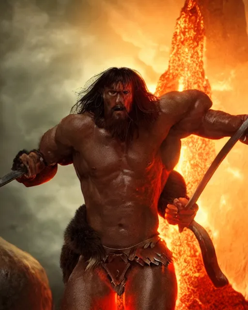 Image similar to closeup Photo of Conan the Barbarian in a lava dungeon, rim lighting, octane, Natasha Tan, Maciej Kuciara, Edgar Rice Burroughs,