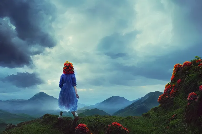 Prompt: giant dahlia flower crown under head, girl walking on mountain, surreal photography, blue storm clouds, dramatic light, impressionist painting, digital painting, artstation, simon stalenhag