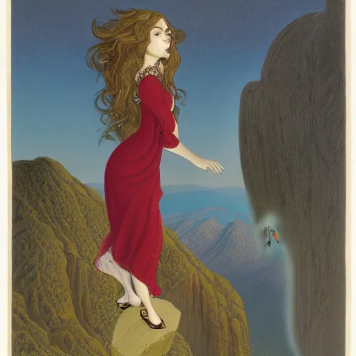 Image similar to Beautiful woman with long brown hair and a flowing dress standing on the ledge of a mountain, micheal parkes —H 768