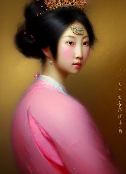 Prompt: stunning asian princess, detailed pink and white protea head peace against a black backdrop by ivan aivazovsky, wlop, oil painting, beautiful soft lighting, muted colours, artstation