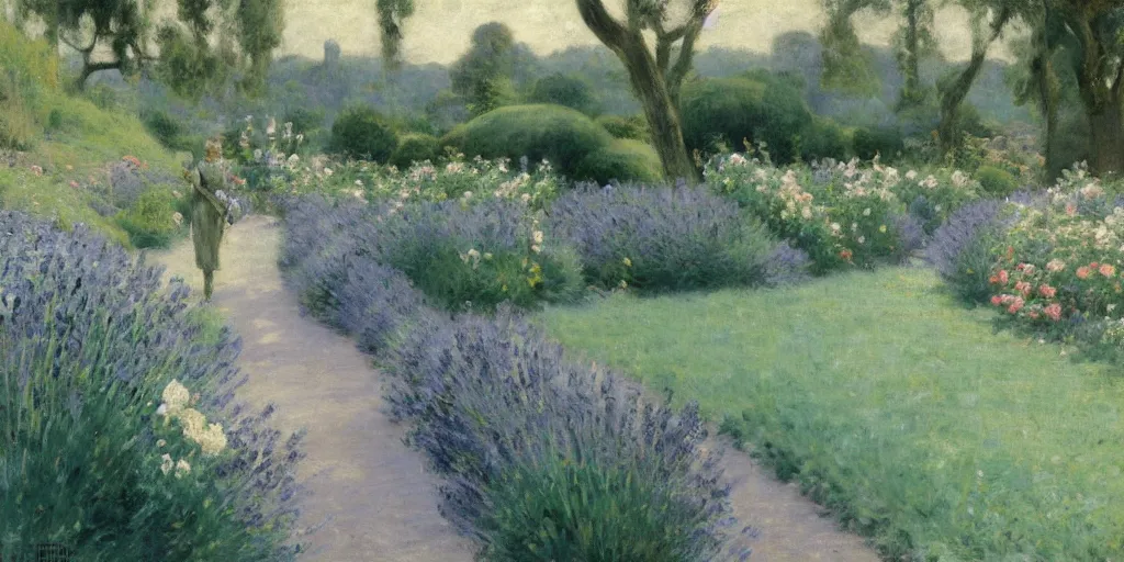 Prompt: enchanted garden, lavender and teal, pathway, flowers, high detail, very very very beautiful and realistic matte painting, naturalism, by Émile Friant,